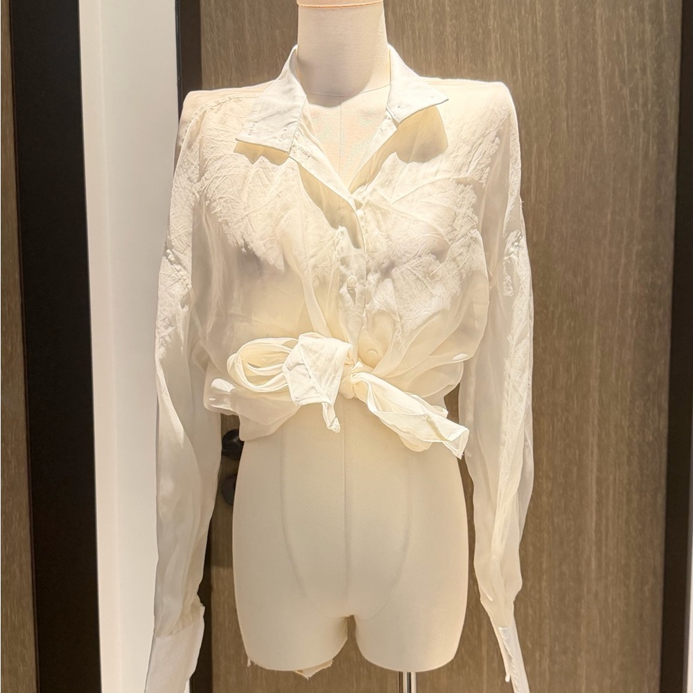 Karl Lagerfeld Ivory Sheer Tie-Front Button Down Shirt